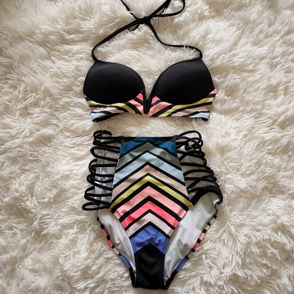 VS PINK High Waisted Bikini - Multicolor Stripes